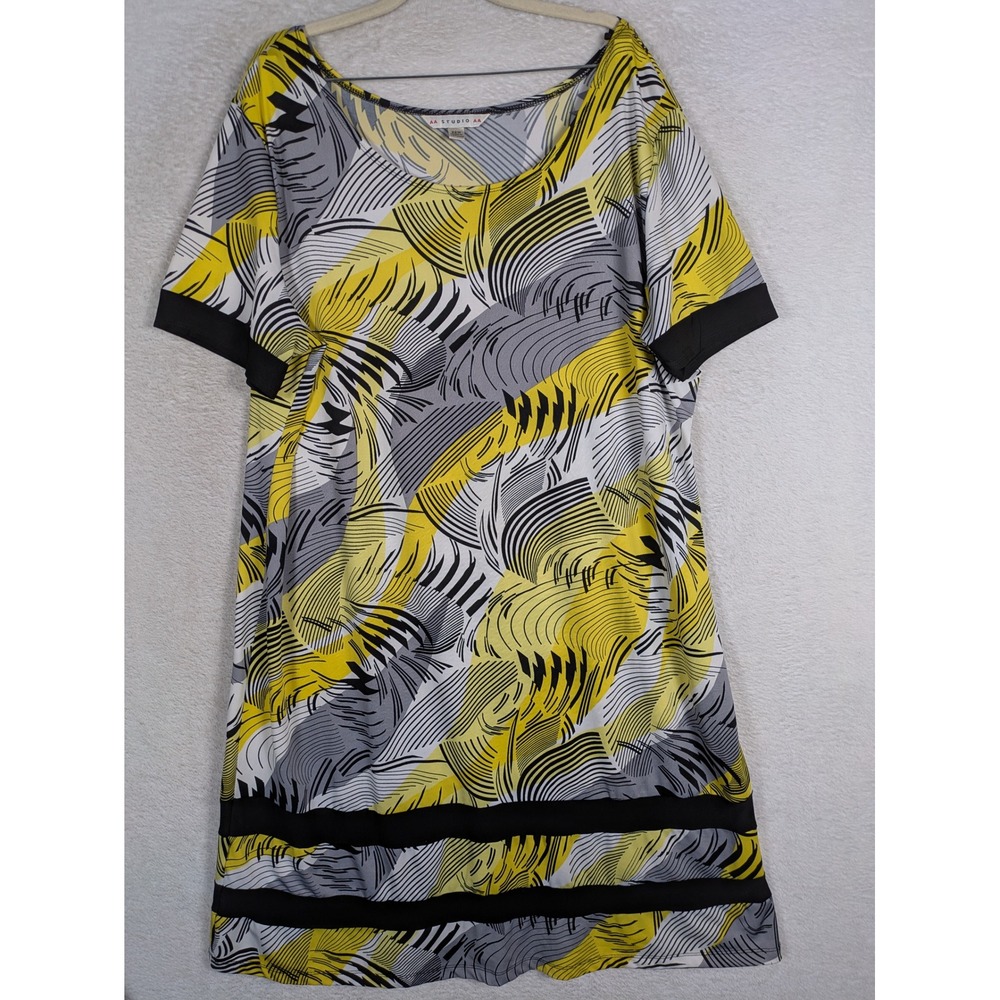 AA Studio Shift Dress Women's 22W Yellow Grey Abstract Swirl Short Sleeve